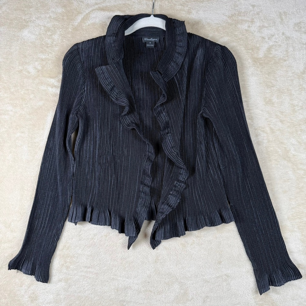 Caeliann Black Pleated Ruffle Cardigan Small Accordion Crinkle Open Front Shrug